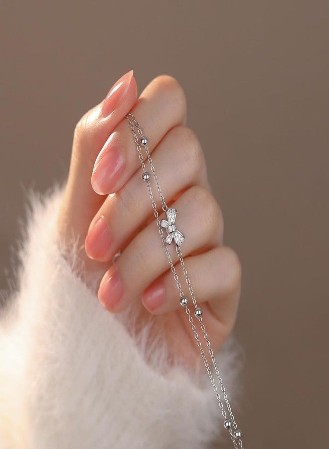 Kawailay Bow Charm Link Bracelet Multilayered Bow Tie Charm Bracelet Crystal Bow Bracelet Bangle for Women - Silver - Image 3